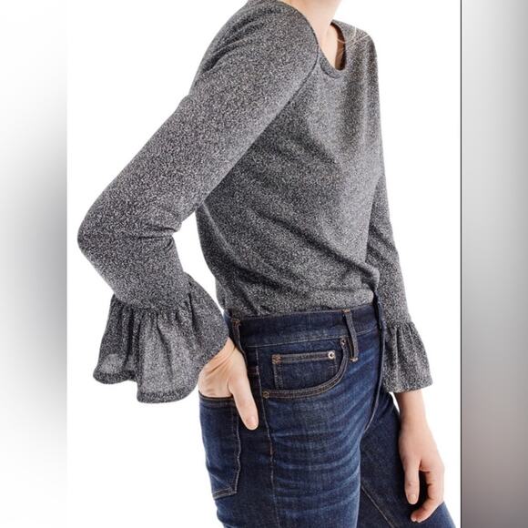 J Crew Metallic Sparkle Knit Bell Ruffle Sleeve Flowy Top shirt Charcoal Gray M - Picture 1 of 14